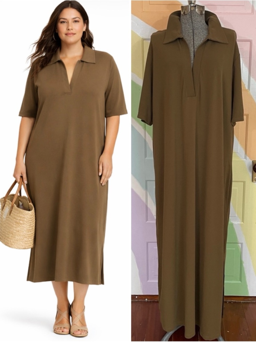 Vince Elbow Sleeve Polo Split Neck Midi Column Dress Cottomwood Women's 2X 🧡🎀